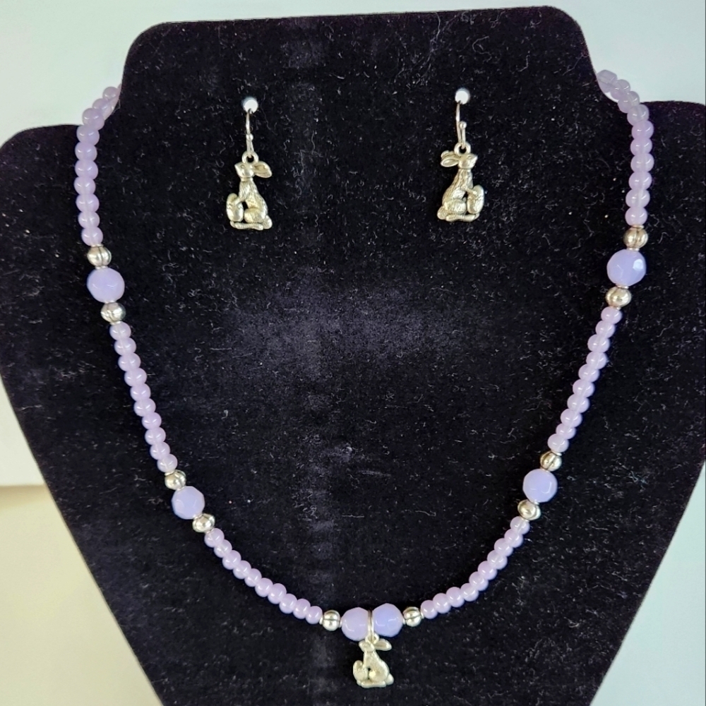 Hand Crafted Rabbit Charm Necklace Pierced Earrings Lavender Silver Easter Bunny